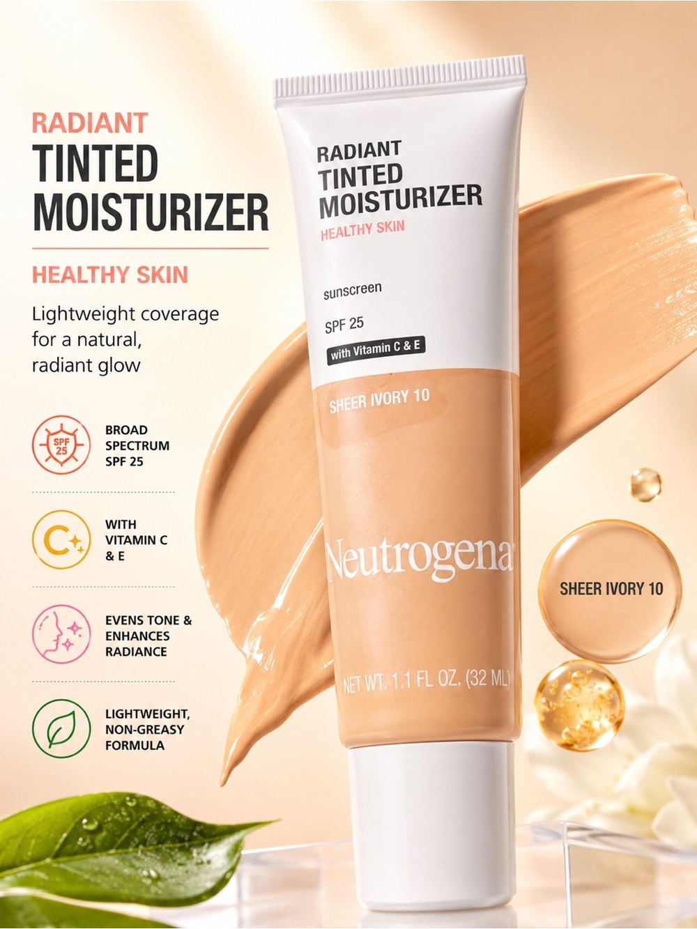 Neutrogena Radiant Tinted Moisturizer - Sheer Ivory, White Cap